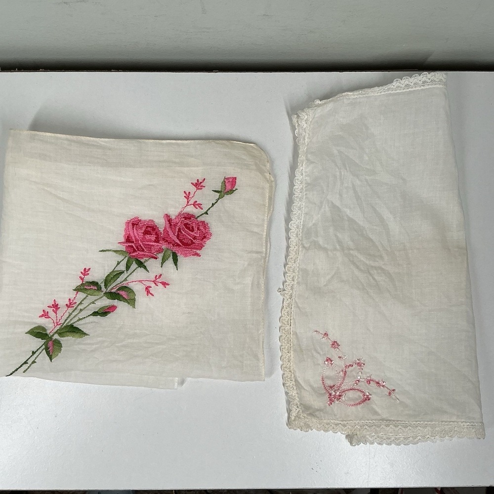 Vintage cotton handkerchiefs‎ with embroidered pink roses Lot Of 2 Mid Century